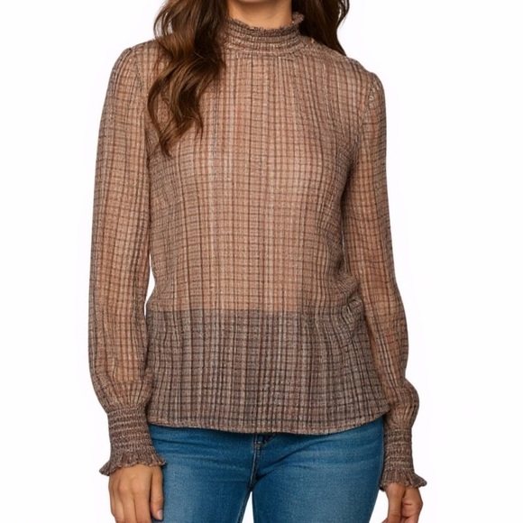 NWT ADRIANNA PAPELL Long Sleeve Plaid Shimmer Cami Lined Sheer Blouse Size Small - Picture 1 of 6